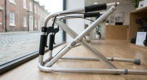 A folding zimmer frame partially collapsed to demonstrate its compact size, ideal for fitting into a car boot or storage space.