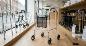 A wheeled walking frame fitted with a plastic net basket and a clip-on caddy tray for safely carrying a mug of tea and a newspaper indoors.