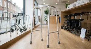 A classic lightweight aluminium zimmer frame without wheels, featuring height-adjustable legs and non-slip rubber ferrules for maximum indoor stability.