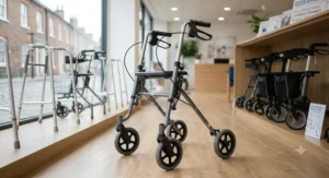 A two-wheeled zimmer frame with front wheels and rear glide skis, designed for smooth indoor mobility on carpets and lino floors.