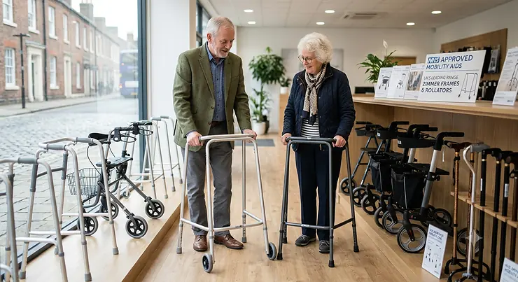 Two seniors, a man and a woman in classic British winter clothing, test out various walking aids in a modern NHS-approved mobility aid showroom with a terrace street view. They examine traditional silver zimmer frames, wheeled walking frames, and rollators in a well-lit, professional setting. best zimmer frame