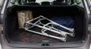 A folding standard Zimmer frame in its collapsed state for easy storage and transport in a car boot.
