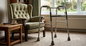 A lightweight adjustable aluminium standard Zimmer frame positioned on a carpeted living room floor next to an armchair.