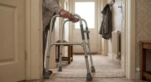A narrow standard Zimmer frame designed for domestic use to navigate through tight doorways and hallways easily.