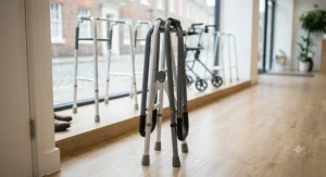 A slimline, narrow walking frame designed to easily navigate tight hallways and small doorways common in traditional British houses.