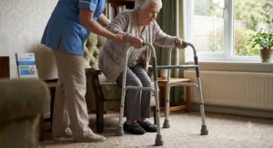 A patient using a standard Zimmer frame to stand up safely with assistance in a typical UK home setting.