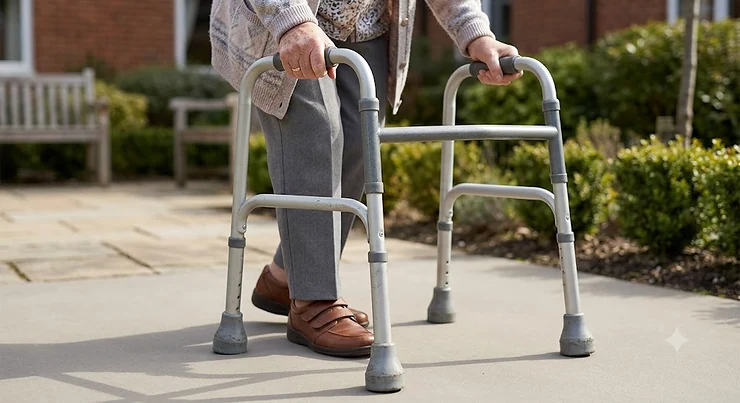 A standard Zimmer frame with grey aluminium tubing and non-slip rubber ferrules used as a walking aid for an elderly person.