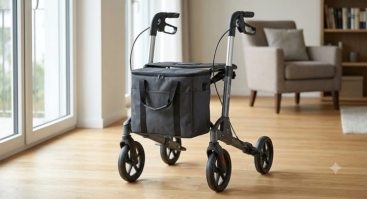 Front view of a modern 4 wheel rollator with shopping bag attached to the charcoal grey frame