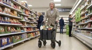 A senior shopper using a 4 wheel rollator with shopping bag to carry groceries down a supermarket aisle
