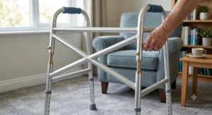An adjustable-height bariatric zimmer frame showing push-button mechanisms on the legs for personalised height adjustment.