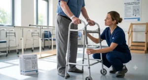 An occupational therapist adjusting the height of a walking frame after hip replacement to ensure correct posture for the patient.