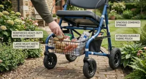 Illustration highlighting the spacious under-seat shopping basket on a heavy-duty bariatric rollator.