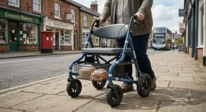 Illustration of a person using a bariatric rollator safely outdoors on a British pavement.