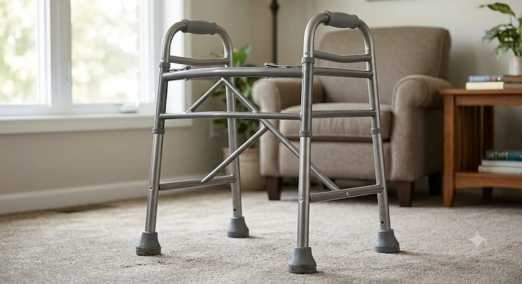 A sturdy bariatric zimmer frame with a reinforced steel frame designed for heavy-duty bariatric mobility support.