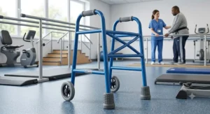 An NHS-style blue bariatric zimmer frame, a robust and dependable mobility aid for bariatric rehabilitation.