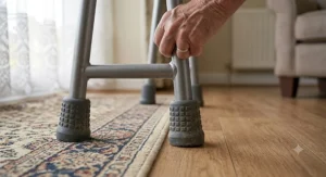 Close-up view of the non-slip rubber ferrules on the bottom legs of a bariatric zimmer frame for secure grip on floors.