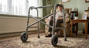 A wheeled bariatric zimmer frame featuring front wheels for smooth, stable mobility assistance in a UK home setting.