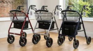 Three different colour options of the best 3 wheel rollator made from lightweight aluminium side by side.