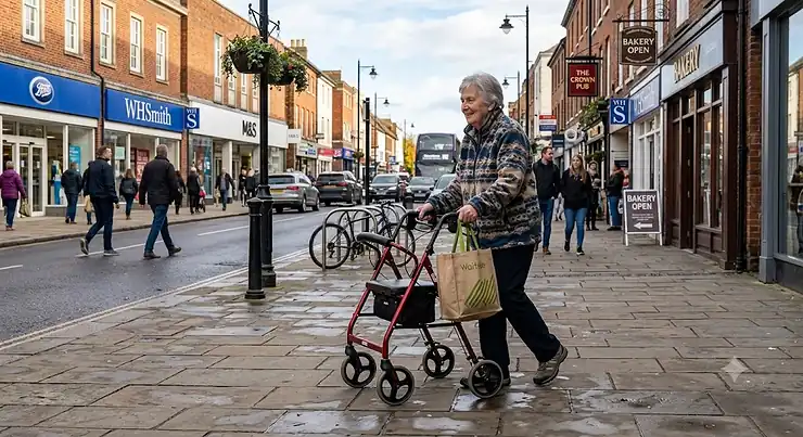 An elderly woman using the best 3 wheel rollator to walk safely along a paved British high street.