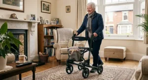 A senior using a highly rated four-wheel rollator walker safely inside a British living room