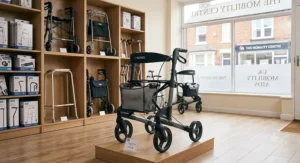 A modern four-wheel rollator walking aid on display in a UK mobility equipment shop