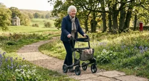 An all-terrain four-wheel rollator walker navigating an outdoor path in a British park