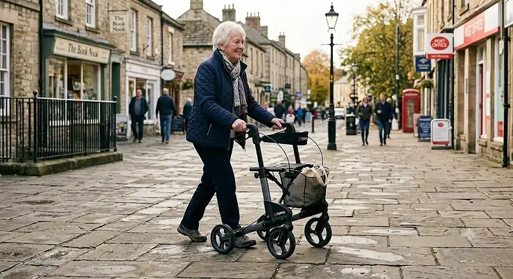 A premium four-wheel rollator being used as a mobility walking aid on a British pavement. best 4 wheel rollator
