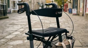 Close-up of the comfortable padded seat and supportive backrest on a top-rated four-wheel rollator