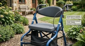 Close-up illustration showing the extra-wide padded seat and supportive backrest on a heavy-duty rollator.