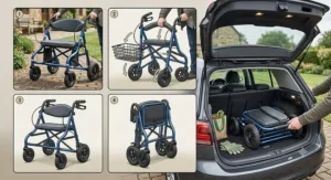 Step-by-step guide illustration showing a folded bariatric rollator fitting easily into a car boot.
