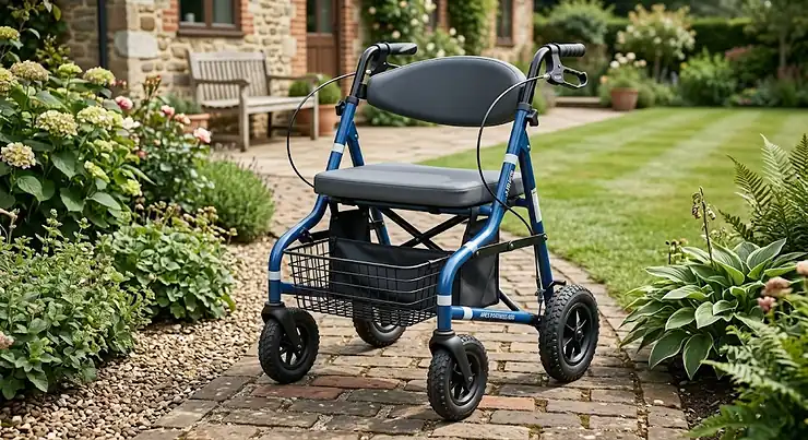 Illustration of the best bariatric rollator featuring a reinforced frame and wide padded seat for extra mobility support.