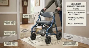 Diagram showing the smooth indoor manoeuvrability of a bariatric rollator through standard UK doorways.