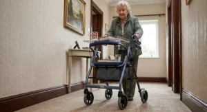 Narrow indoor walking frame rollator with seat and tray navigating a carpeted hallway