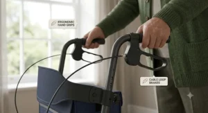 Close-up illustration of comfortable ergonomic hand grips and cable loop brakes on a rollator