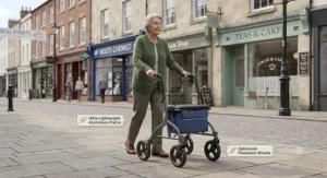 Illustration of a senior person using a lightweight rollator safely on a British high street pavement