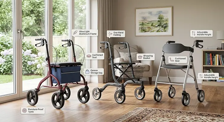 Illustration comparing key features of the best lightweight rollators available in the UK