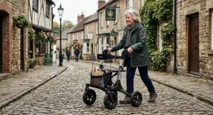 Senior woman navigating a historic British cobbled street with an all-terrain outdoor rollator with large tyres