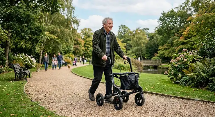 Elderly man walking comfortably with the best outdoor rollator on a gravel park path in the UK