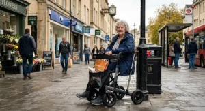 Senior resting on the comfortable seat of the best outdoor rollator while shopping on a UK high street