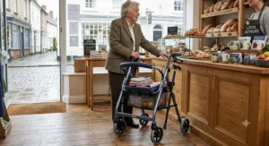 Modern rollator with seat and under-seat basket inside a British high street shop