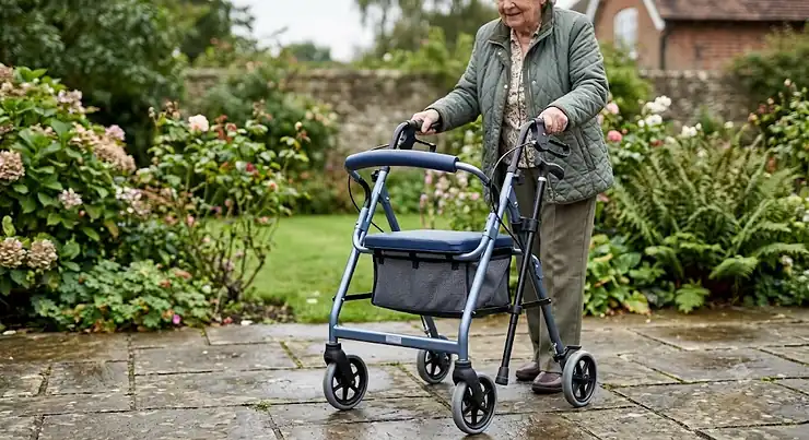 Lightweight 4-wheel rollator with seat and stick holder designed for UK senior mobility