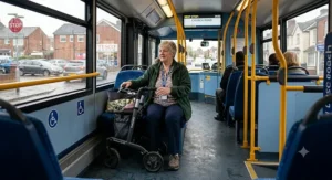 Senior passenger using a compact outdoor rollator walker on an accessible UK bus