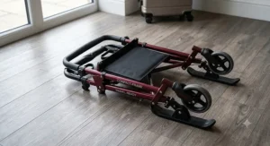 An ultra compact folding walking frame for travel, folded completely flat for easy storage and transportation.