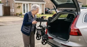 An elderly woman easily lifting a folded lightweight rollator into the boot of a car.