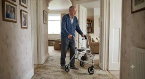 An elderly gentleman easily manoeuvring a three-wheeled rollator walker through a hallway at home.