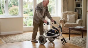 An elderly man using a wheeled walking frame for Parkinson's to navigate safely around a British living room.