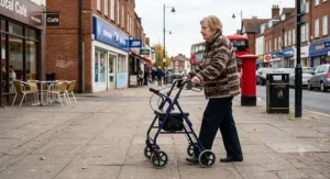 An elderly person walking along a British high street pavement using a sturdy rollator walker with a built-in seat.