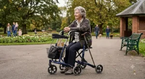 An elderly British woman resting comfortably on the padded seat of her rollator walker in a local park.