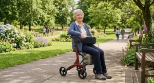 Elderly woman sitting comfortably on a padded rollator with seat and back rest in a park
