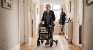 An elderly woman smoothly navigating a compact lightweight rollator through a hallway at home.